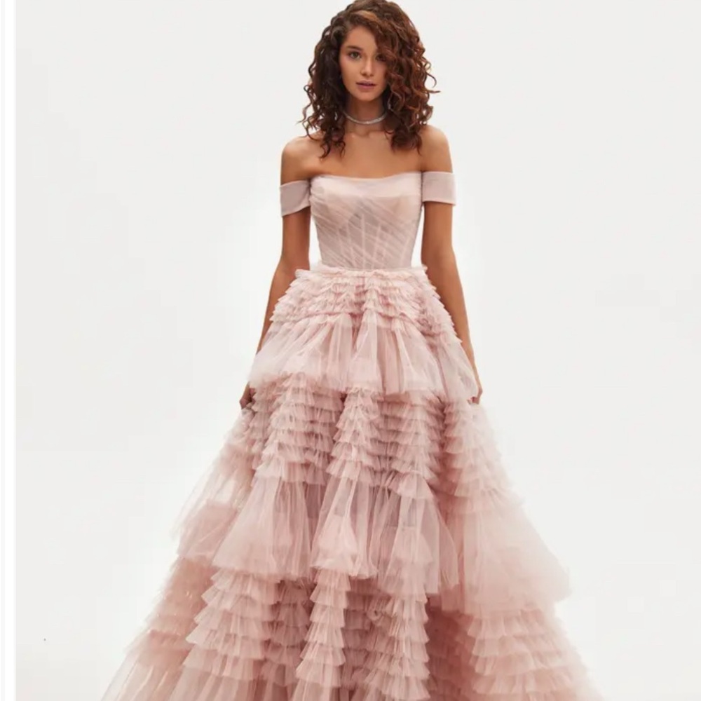 Misty Rose Off-The-Shoulder Frill-Layered Tulle Gown
